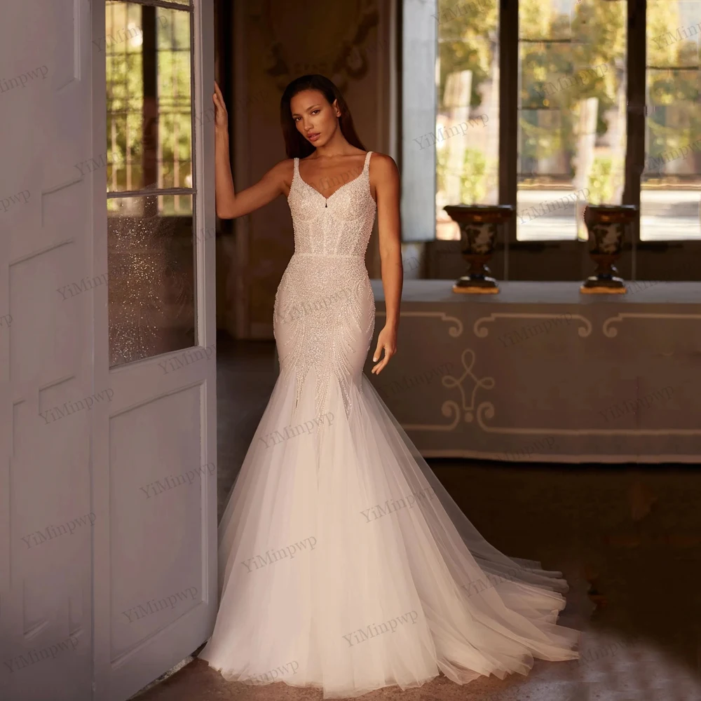 

Свадебное платье русалки на тонких бретельках с v-образным вырезом и открытой спиной, расшитое бисером и пайетками, без рукавов, роскошные платья Vestidos de novia 2026, по индивидуальному заказу