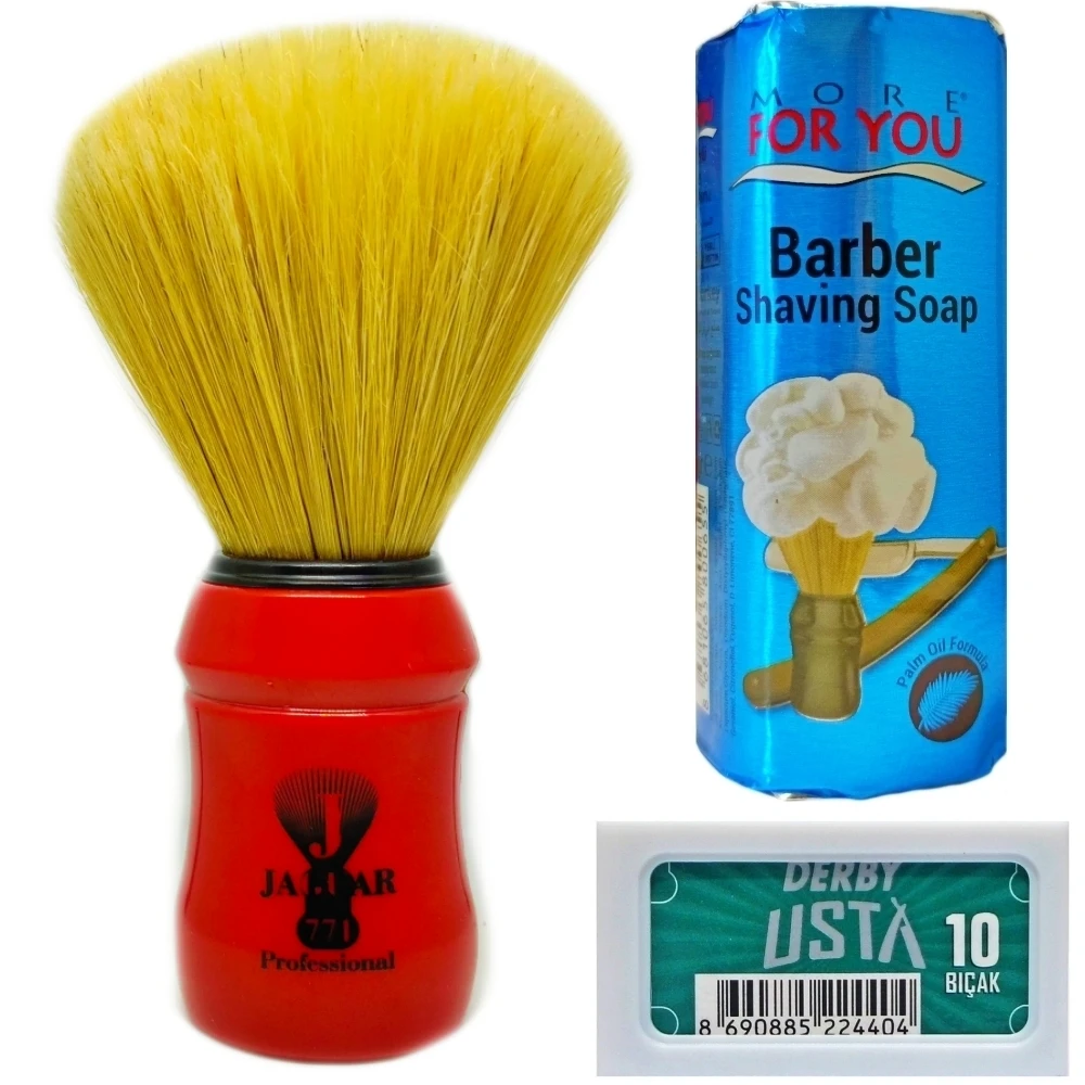 

Jaguar 771 Red Shaving Brush - Derby Usta Double Edge Razor Blades 10 Pcs - More For You Shaving Soap 75g - Shaving Set