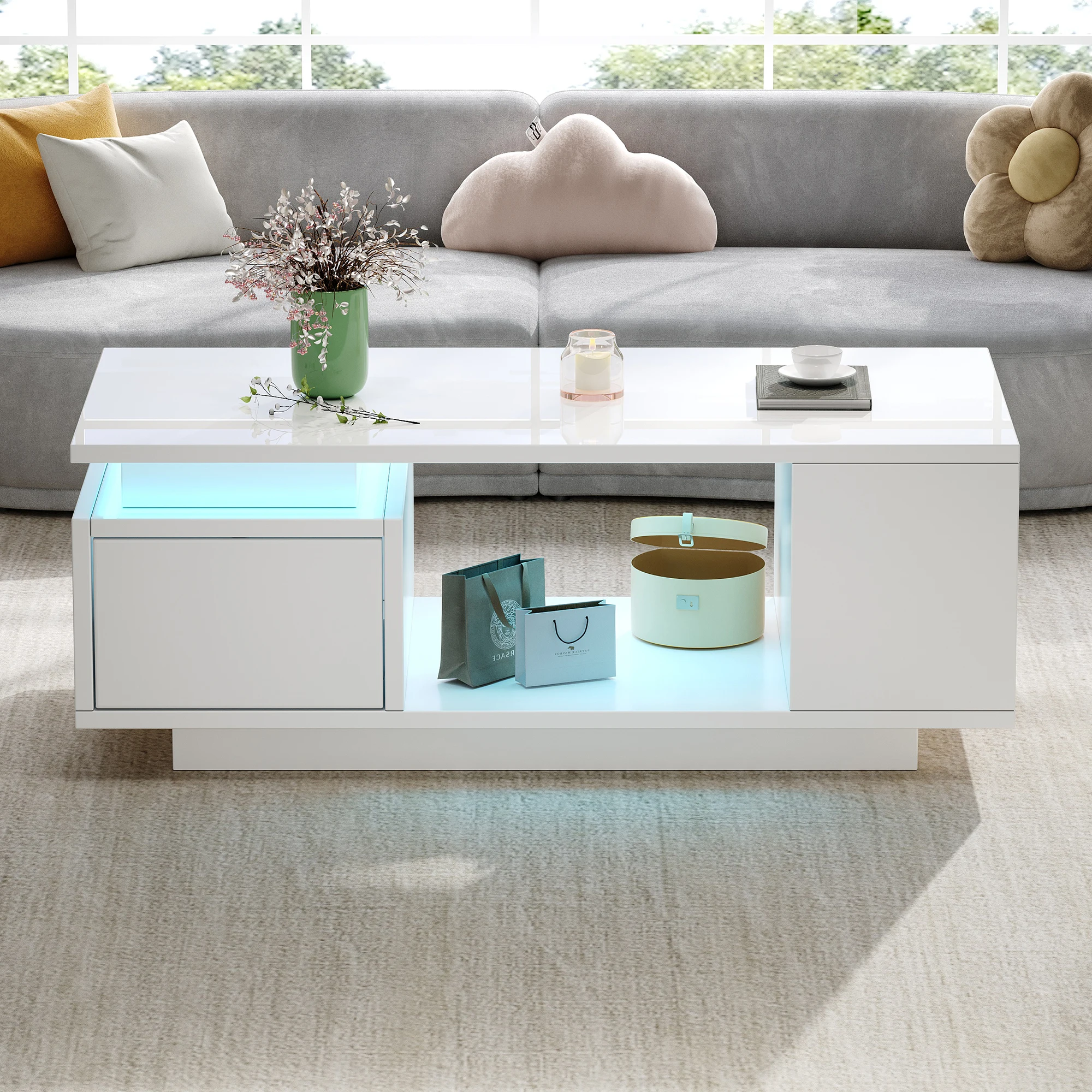 Mesa de Centro, Mesa de Centro LED, Mesa de Centro de Alto Brillo, Mesa de Centro con Almacenamiento y Cajón, Mesa Auxiliar para Sofá para Sala de Estar