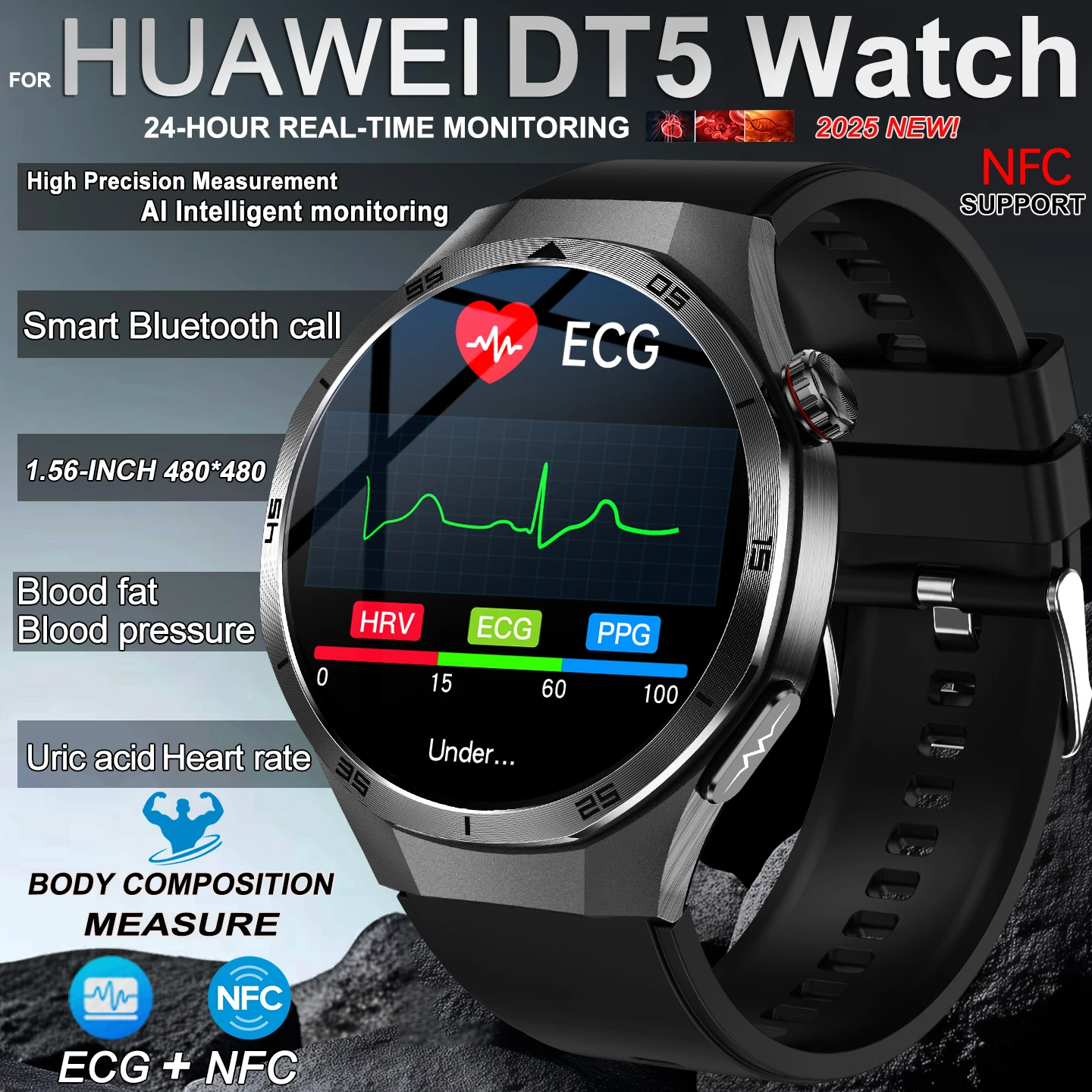 

2025 НОВИНКА ДЛЯ HUAWEI Смарт-часы для ЭКГ + PPG Три высокоинтеллектуальных мониторинга липидов Мочевая кислота Мужчины NFC HD Здоровые умные часы