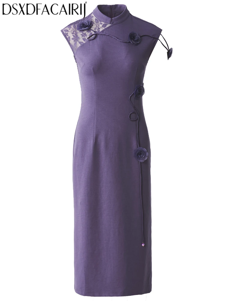 

Женское платье-ципао DSFACAIRIJ в китайском стиле, новая модель, с воротником-стойкой, без рукавов, летнее, однотонное, с объемными цветами