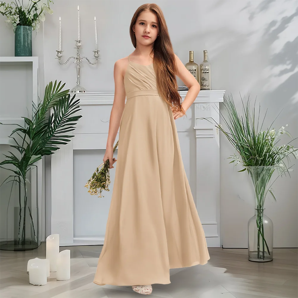 C キッズ 子供用 Vネック ジュニア ブライズメイドドレス セージグリーン フラワーガールドレス フロア丈 シフォン カスケードプリーツレイヤー付き