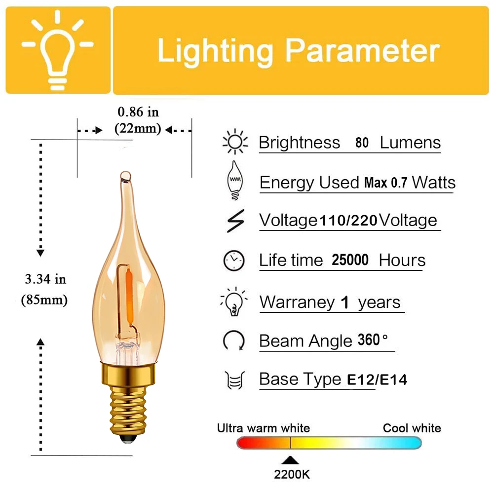 10PCS C22 Led Flame Lamp 0.5W 2W 2200K Edison Dimmable LED Filament Candle Light Bulbs E12 E14 Retro Chandelier Decorative Lamp