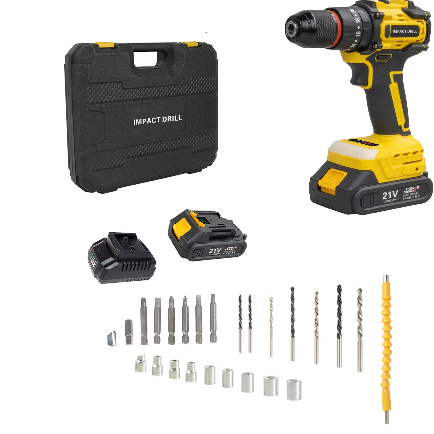 25 Pièces Perceuse-visseuse à percussion électrique au lithium, Outil électrique portable, Perceuse sans balais, Machine de perçage polyvalente, Qualité industrielle, Perceuse au lithium 21V
