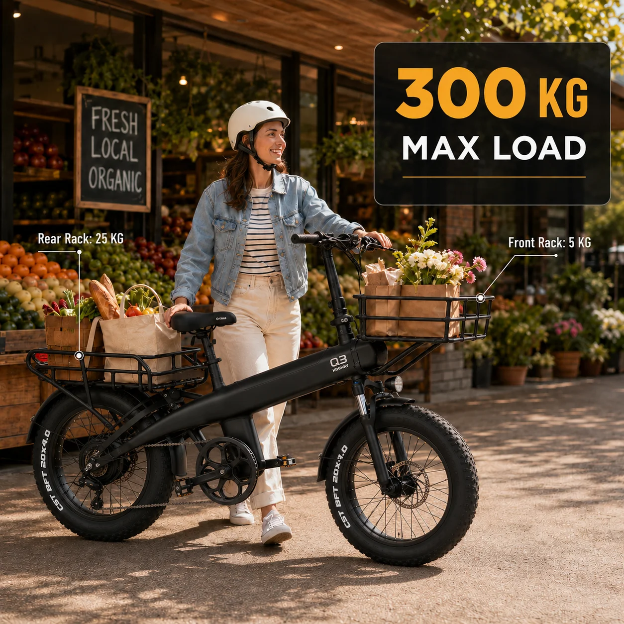 Vélo électrique HX Q3 pour adultes, moteur 250W, vitesse maximale 25 km/h, batterie amovible 48V 20Ah 960Wh, pneus larges 20x4 pouces, freins à disque