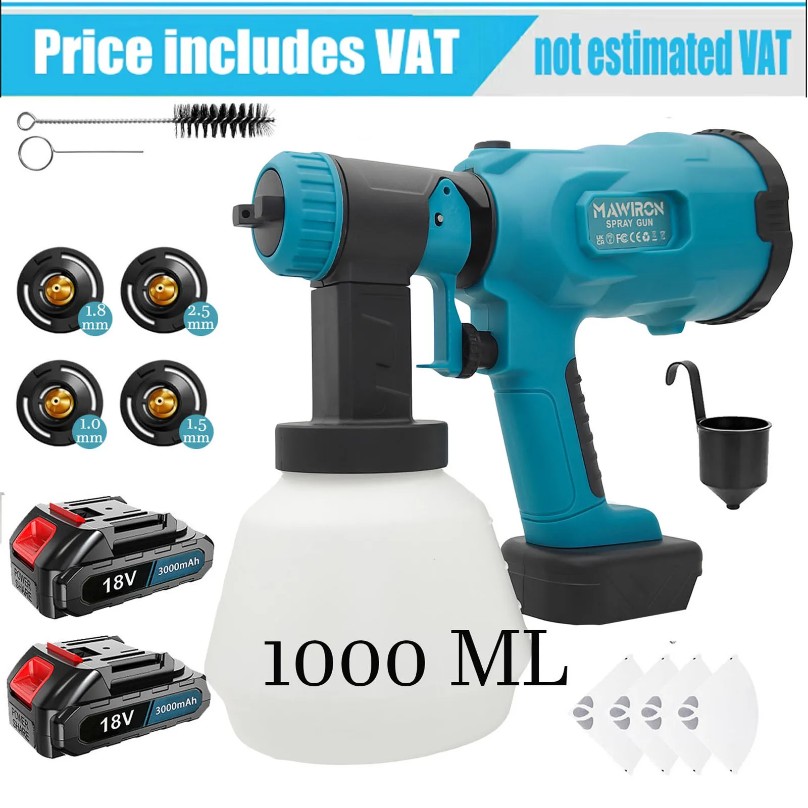 1000ML pistolet électrique sans fil pulvérisateur de peinture Auto meubles peinture-pulvérisateur pour Makita 18V HVLP 2 batterie