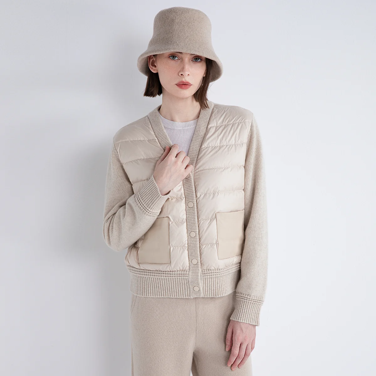 ﻿TX852129 Luxury Minimalist Women’s LP Down Knitwear 100% Cashmere Puffer Cardigan Sheepskin Pocket Outerwear