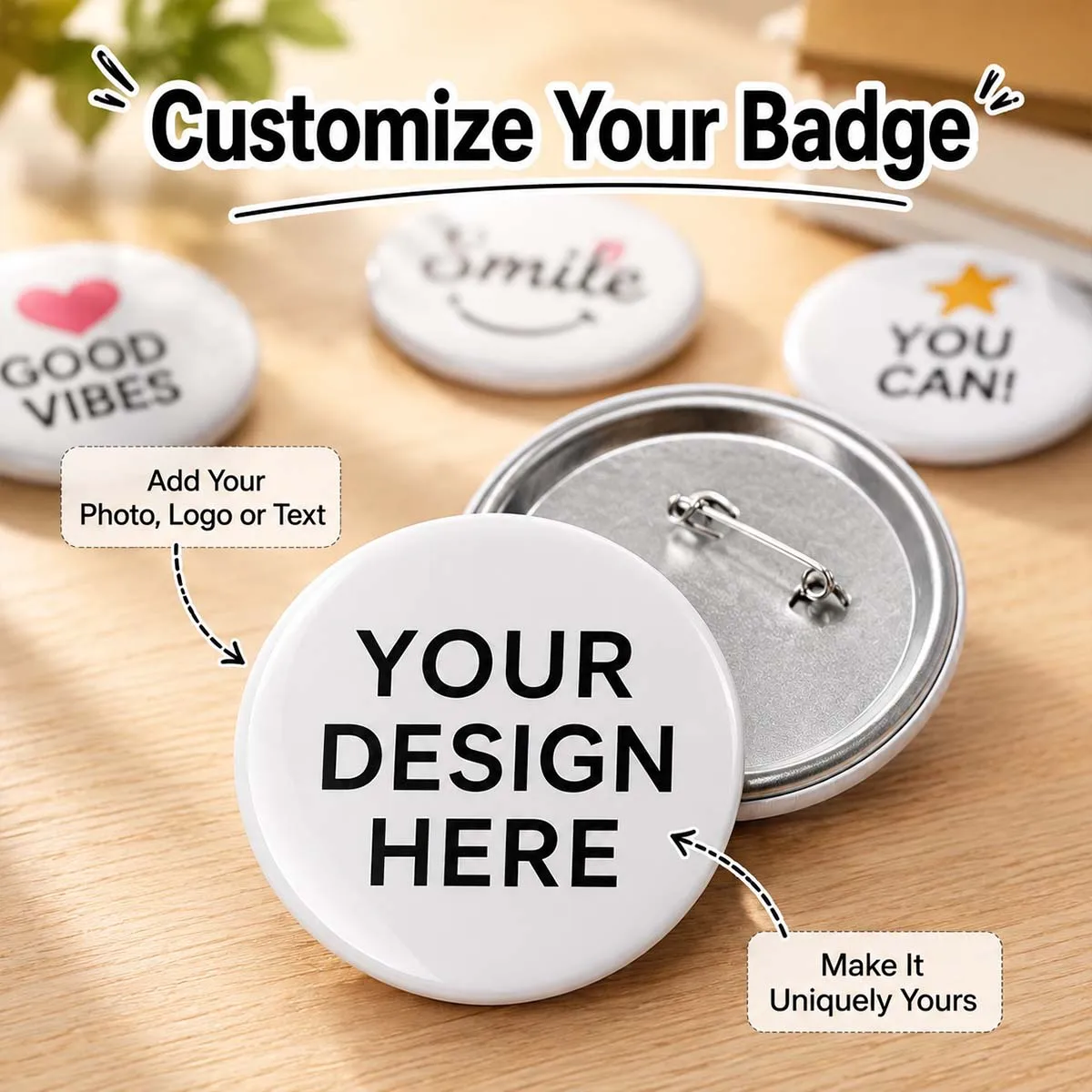 Personalized 58mm Button Badge, Custom Pin Badge with Unique Artwork, Photo and Text Design, Round Badge for Parties