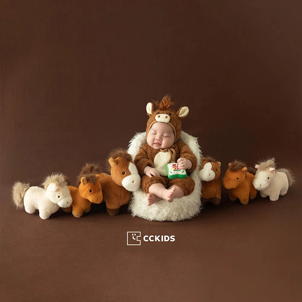 

Brown Horse Theme Newborn Photography Props Baby Romper+hat Stuffed Pony Dolls Plush Rocking Horse Style Posing Doll for Studios
