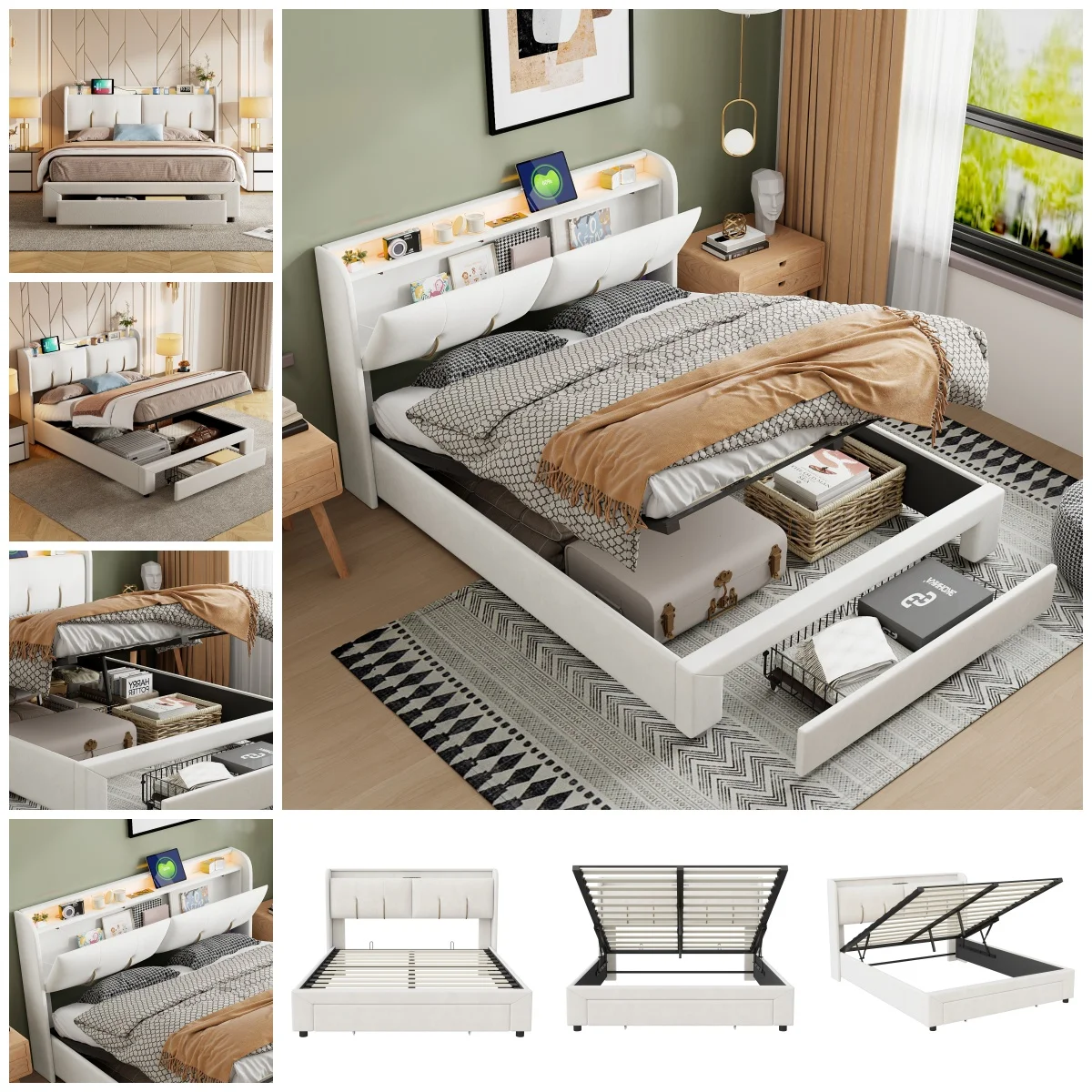 Anajqaqia Letto imbottito 140×200 cm, letto contenitore matrimoniale con 1 cassetto, con striscia luminosa a LED e 2 porte di ricarica USB, velluto