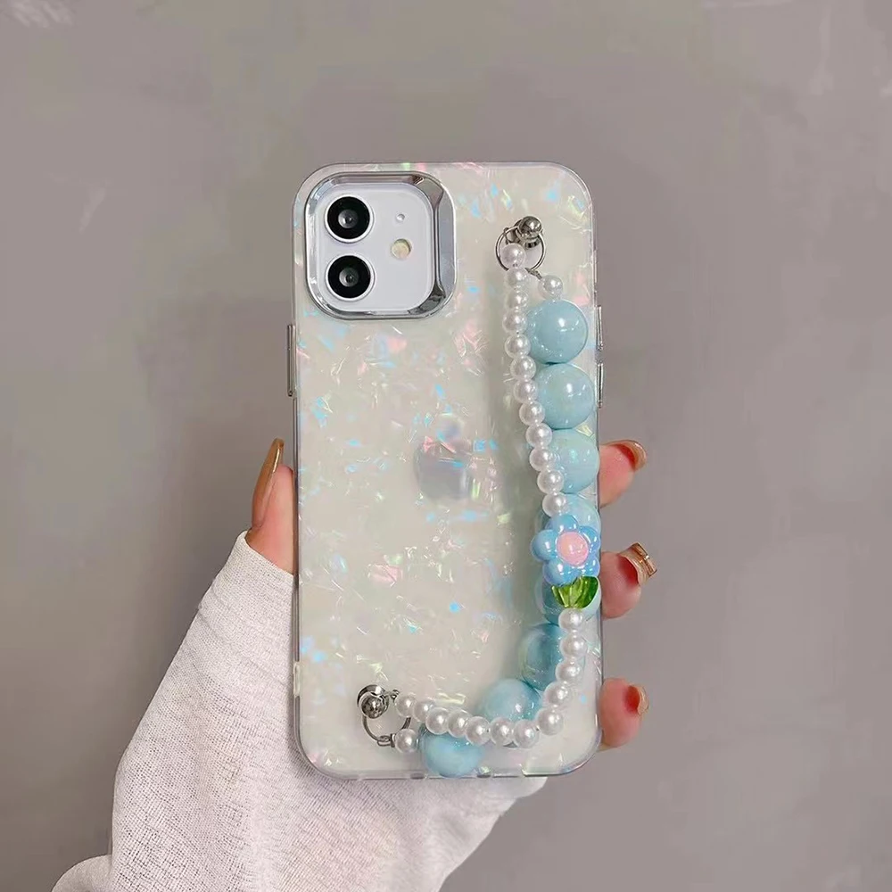 Luxury Pearl Bracelet Wrist Chain Phone Case For iPhone 14 13 12 11 Pro Max Glitter Clear Shockproof Cover