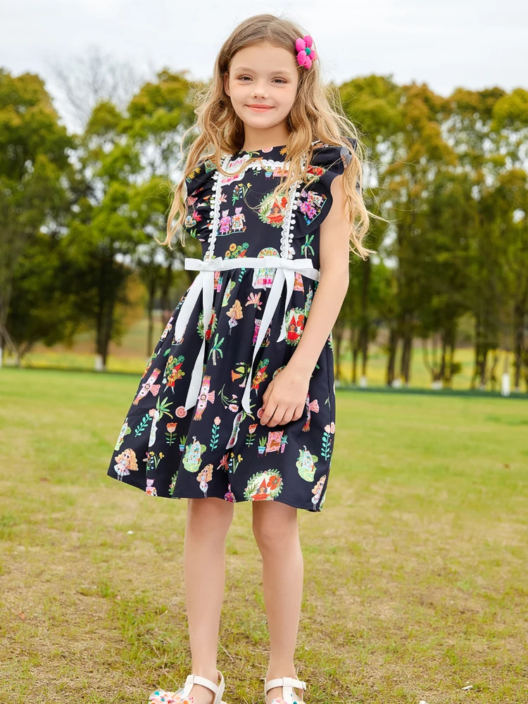 Summer dress black floral printed exotic princess  swing dress for girl