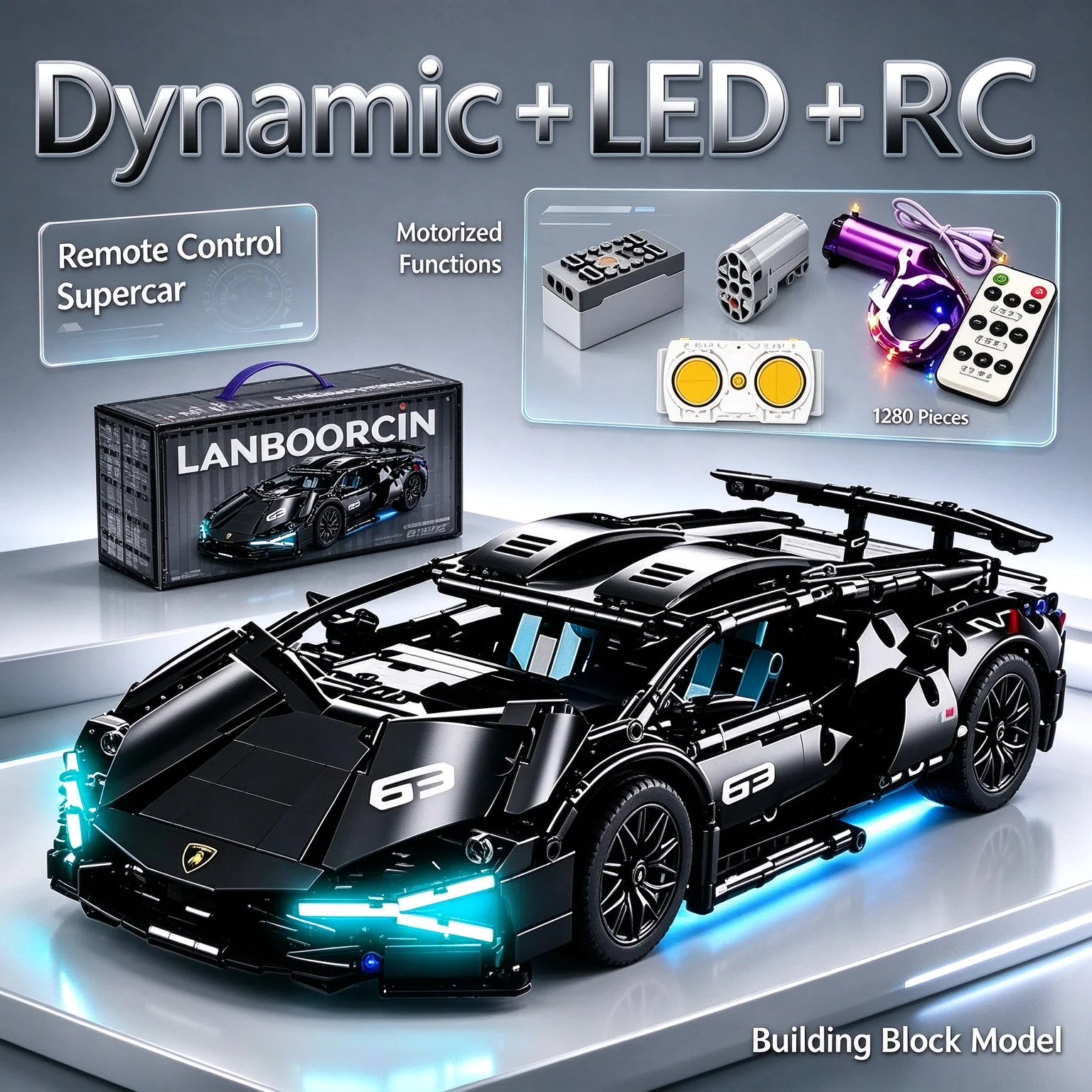 MOC 1280PCS Black Warrior Remote Control Sports Car Creative Model DIY Building Blocks Racing Puzzle Toy Halloween Gift