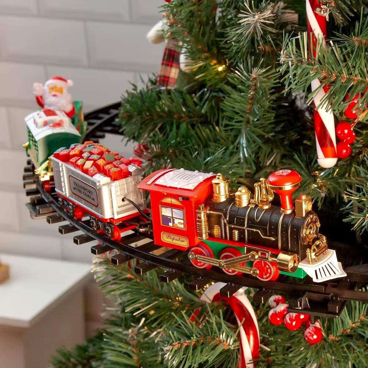 Christmas Train Electric Toys Christmas Tree Decoration Train Track Frame Railway Car with Sound&Light Rail Car Christmas Gifts