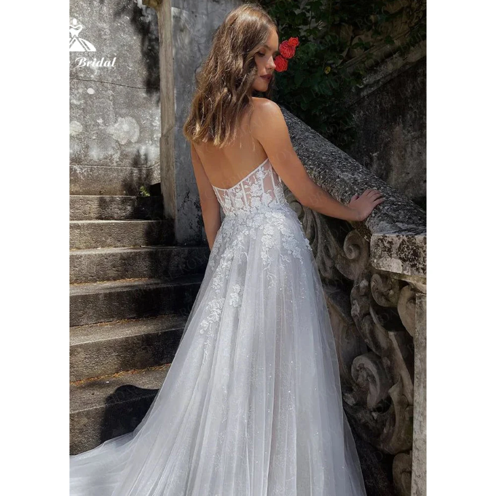 Roycebridal koronkowa aplikacja błyszcząca brokatowa tiulowa suknia ślubna 2025 linia dekolt w kształcie serca wysoki podział dostosowane Vestido femininos