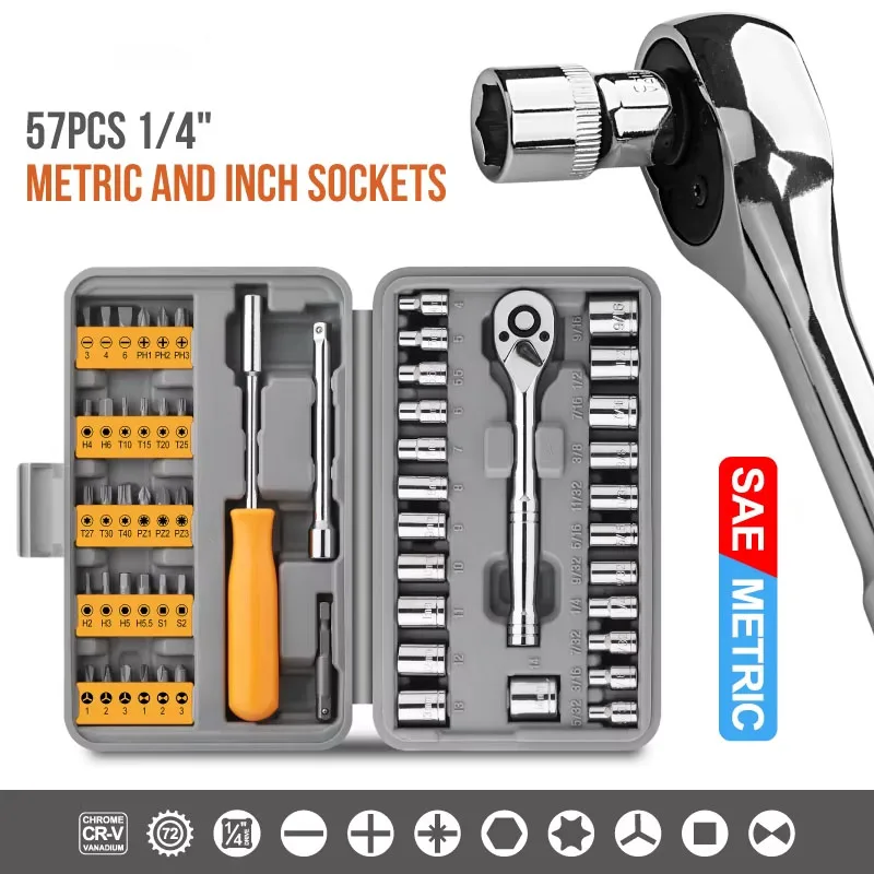 

57Pcs 1/4" Socket Ratchet Wrench Set Complete Car Repair Tools Set for Car Bike Motorcycle Maintenance Mechanic Tools