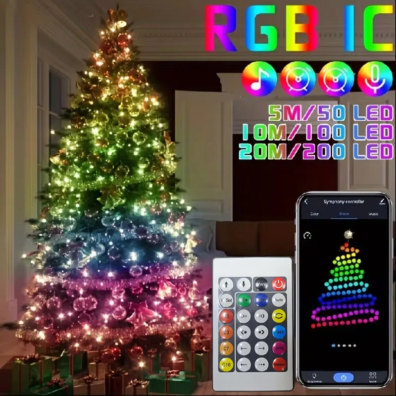 WS2812B LED String Light Smart Bluetooth Remote Control RGBIC Fairy Lamp USB Waterproof For Christmas Tree Lights Home Decor