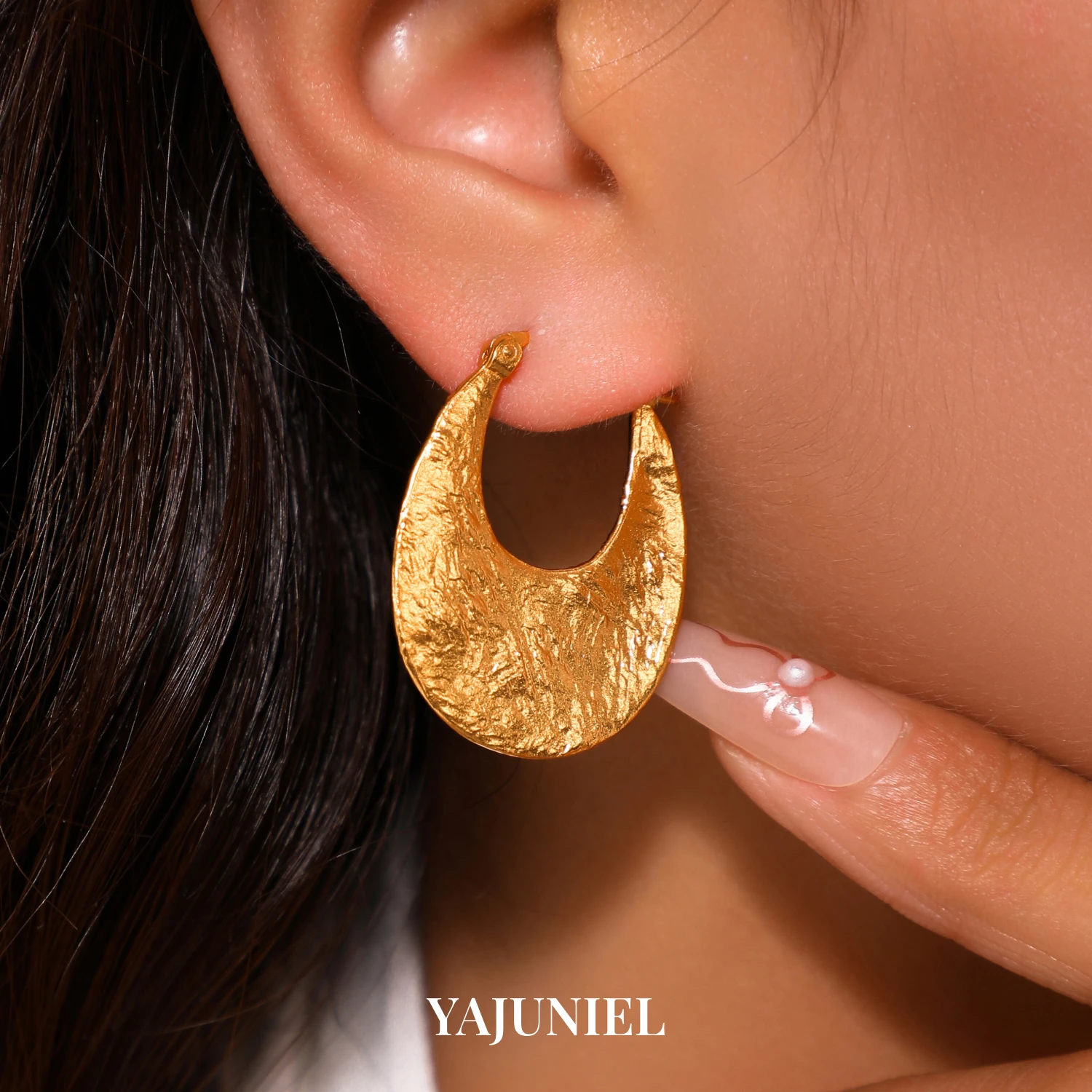 YAJUNIEL 24K Real Gold Plated Hammered Hoop Earrings for Women Hypoallergenic Brass Textured Teardrop Crescent Hoops