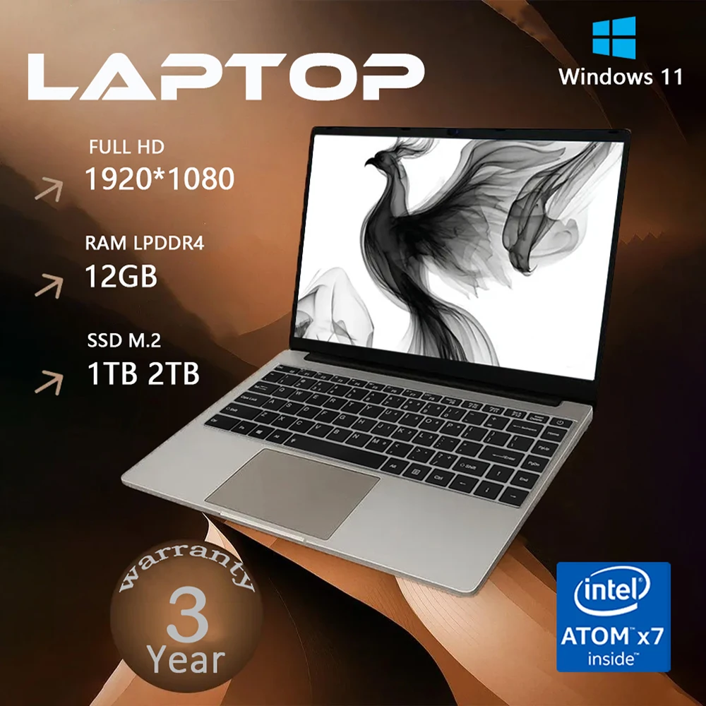 2025 computadora portátil de oficina Windows 11 Intel Atom x7 A3950 Notebook PC Gamer 12GB RAM 512GB 1TB SSD 1920*1080 computadora de oficina