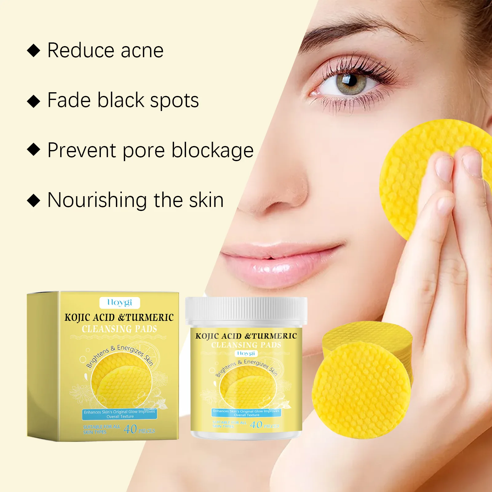 Hoygi 40pcs Turmeric Face Brightening Cleansing Pads Oil Control Dark Spot Removal Cleaning Glow Facial Wash Remove Keratin Pads