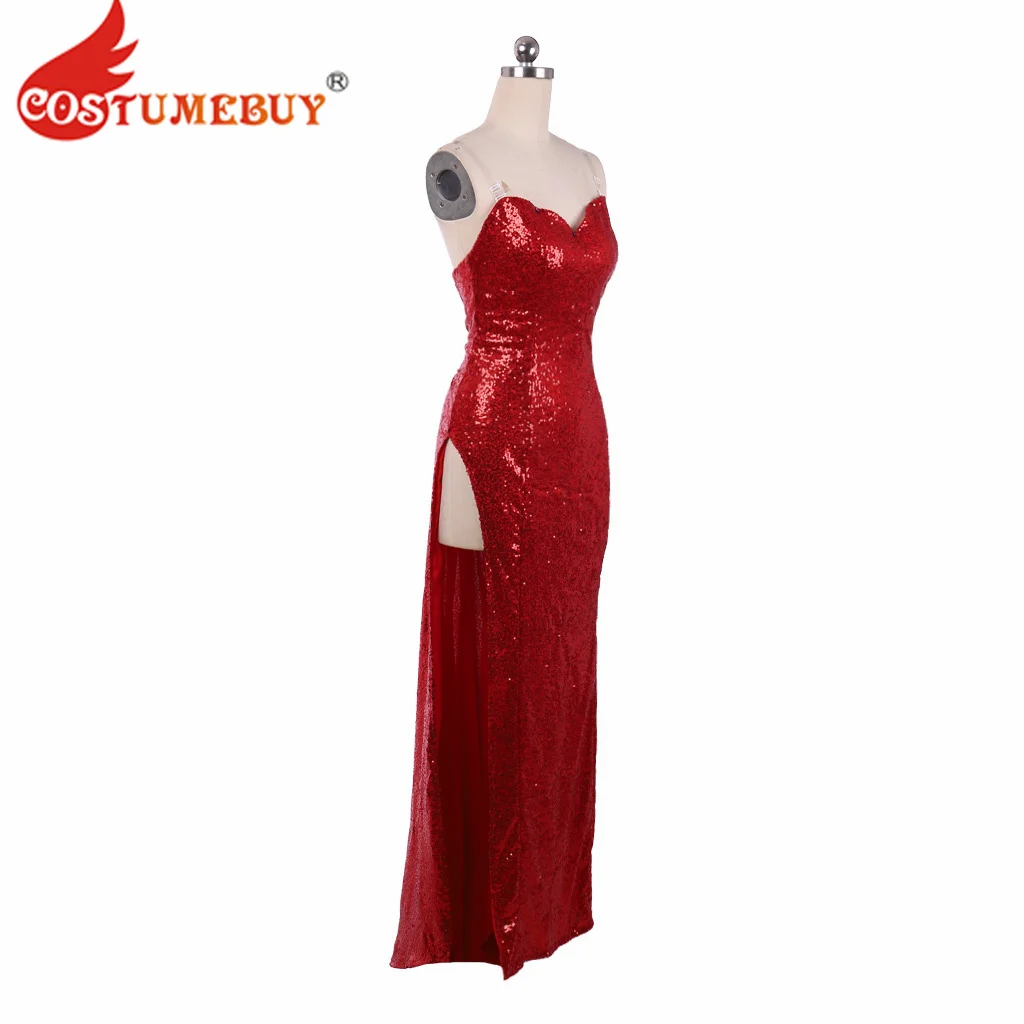 

CostumeBuy Who Framed Roger Rabbit Jessica Cosplay Red Dress High Split Sequined Dress with Purple Gloves Halloween Outfits