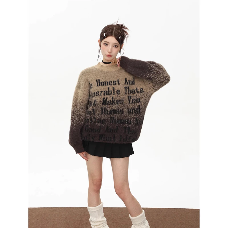 

Vintage Letters Embroidery Mink Cashmere Long-sleeved Sweater Women Autumn New Korean Gradient Loose Casual Knitted Tops