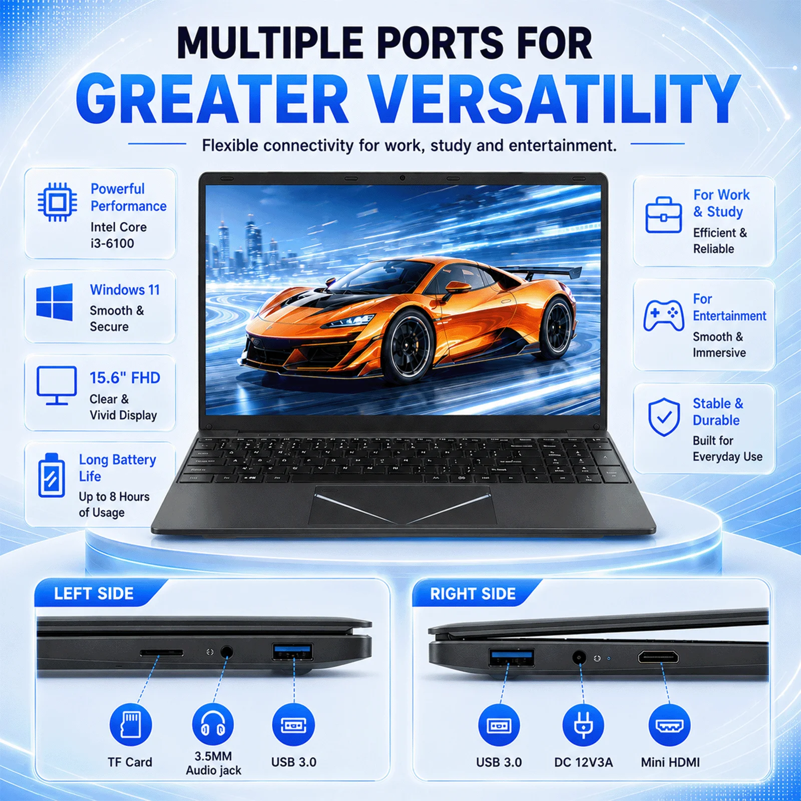 Brand New 15.6" Laptop Computer Intel Core i3-6100U 8GB 16GB RAM 256GB 512GB SSD Notebook Windows 10 Pro FHD IPS 1920x1080 Screen WiFi 5 Bluetooth 5.2 Business Office Laptop Backlit Keyboard Lightweight Portable PC with Keyboard Cover Multilingual systems