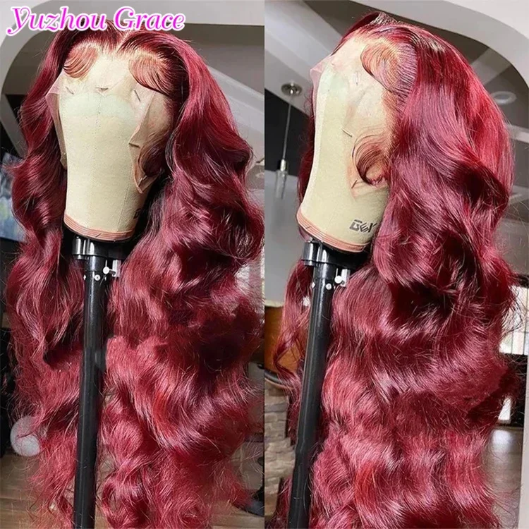 Borgonha corpo onda peruca dianteira do laço, HD laço frontal peruca, vermelho 99J encerramento, cabelo humano perucas, 5X5