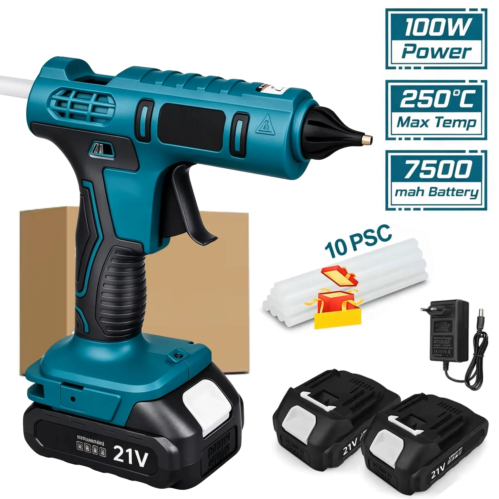 Pistola per colla elettrica portatile da 100 W, senza fili, per riparazioni a caldo ad alta temperatura, con bastoncini di colla da 11 mm, compatibile con batteria Makita da 21 V.