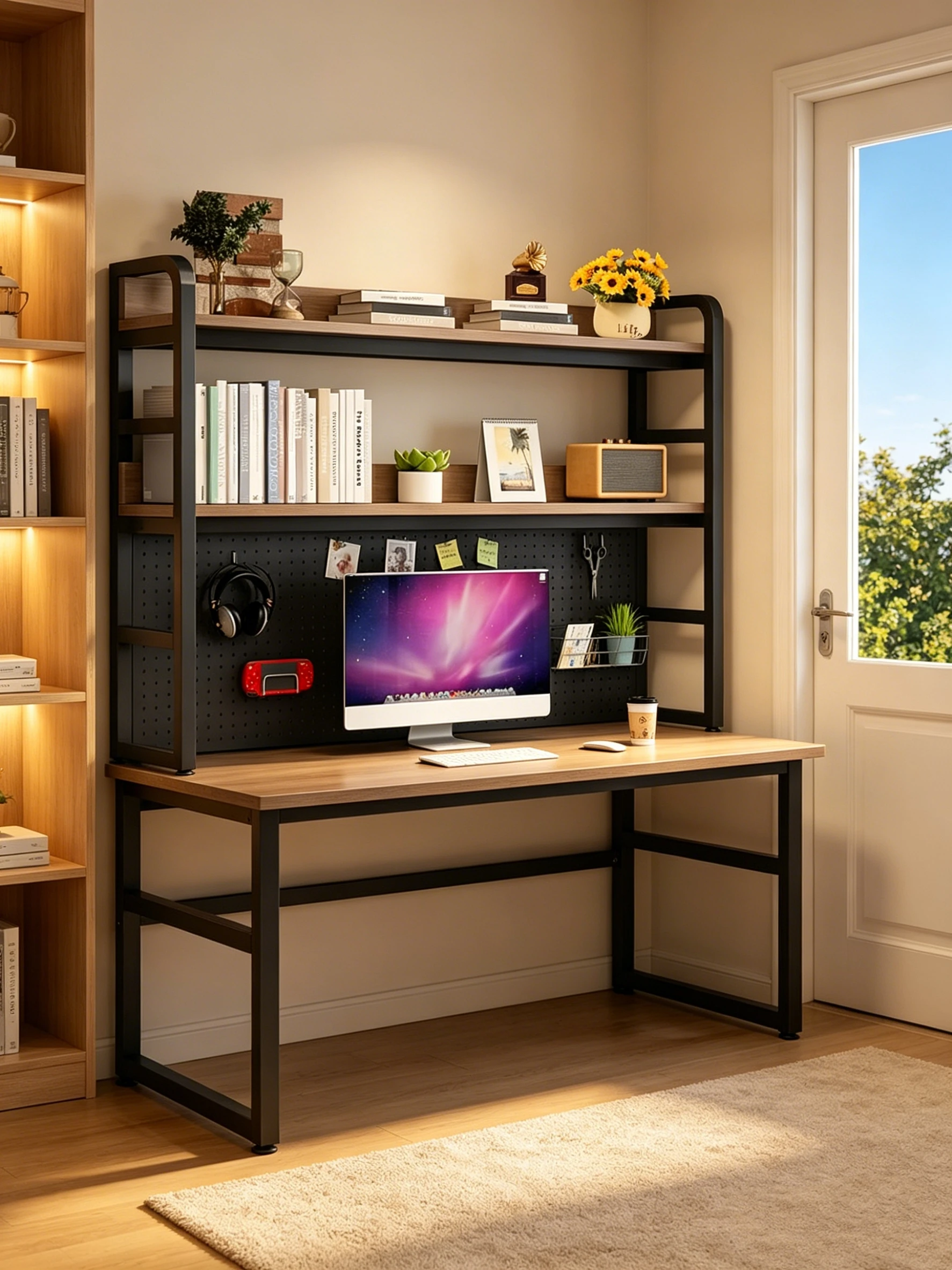 Multifunktionales Büroregal – 3-stöckiger Metall-Organizer mit Holzablage, 95 cm hoch – Verstellbares Schreibtisch- und Aufbewahrungsregal für Büro, Arbeitszimmer, Schlafzimmer oder