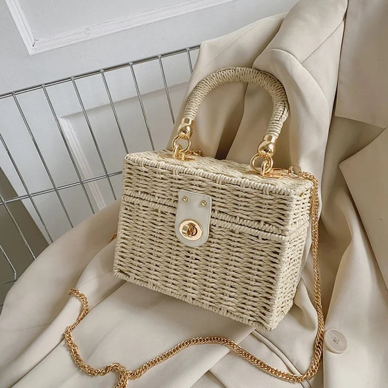 Summer Box Mała torebka i torebki dla kobiet Rattanowe torby na ramię ze słomy Modne damskie torby plażowe z łańcuszkiem — zdjęcie 2