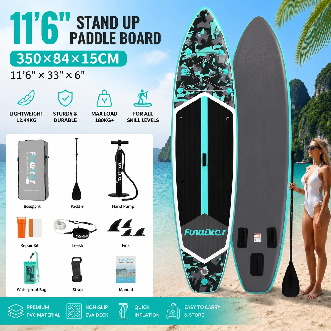 Funwater aufblasbares Stand-Up-Paddle-Board 350 × 84 × 15 cm, SUP-Board mit verstellbarem Paddel, Handpumpe, 3 Finnen, Leash, wasserdichter Tasche, Rucksack & Reparaturset, 180 kg+ Tragfähigkeit für