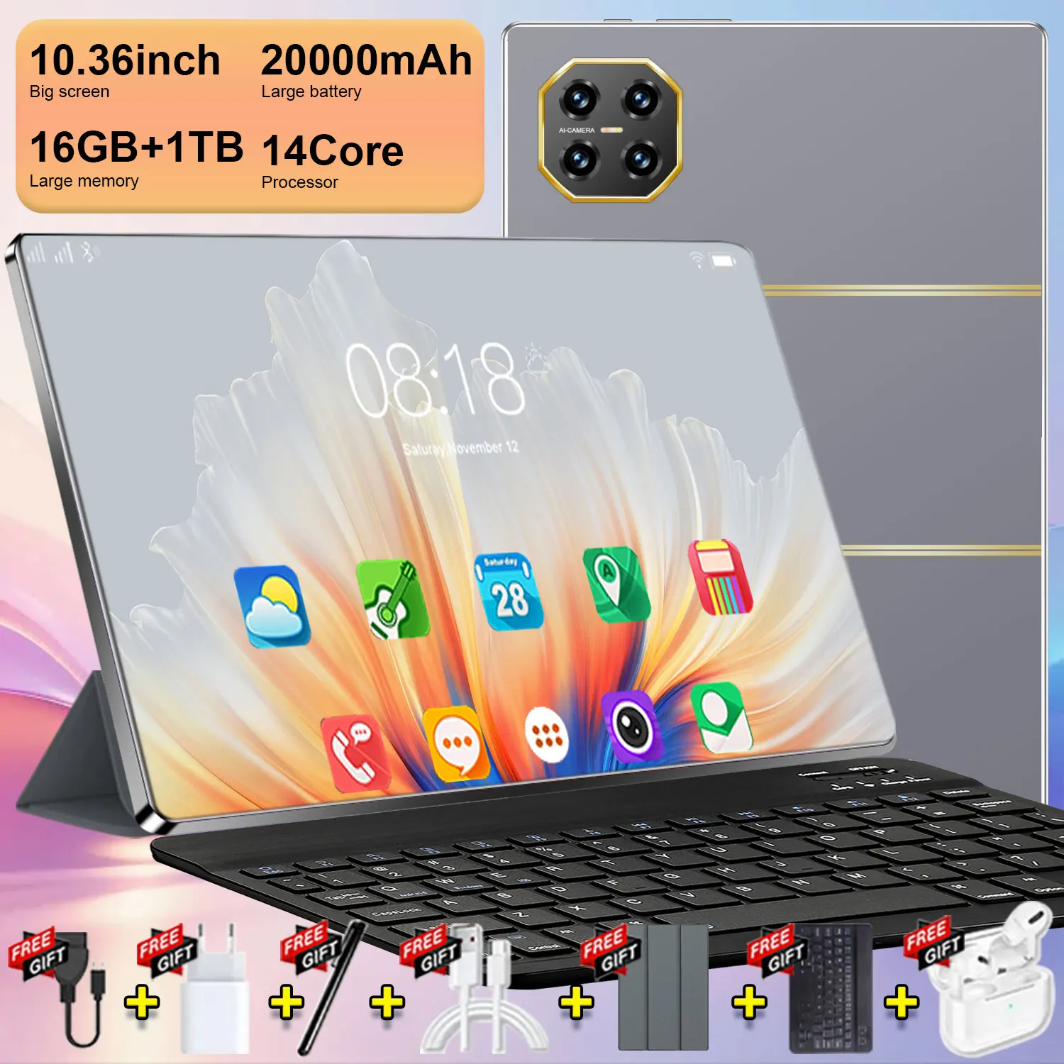 Tablet de 10.36 pulgadas, versión global, 16 GB de RAM, 1 TB de ROM, Android 13.0, 14 núcleos, batería de 20000 mAh, cámara dual de 16 MP y 32 MP, tablet Android.