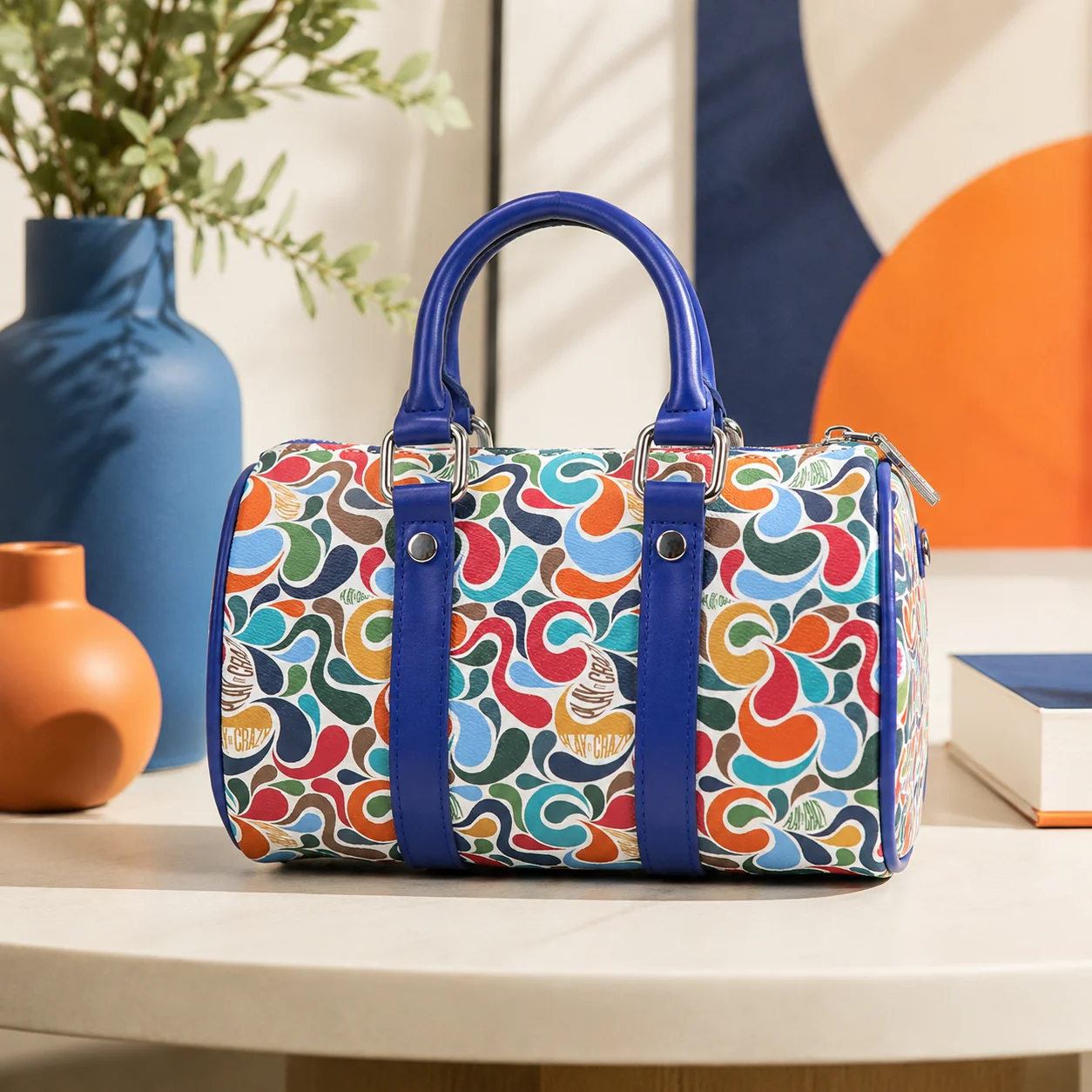 Women Genuine Leather Mini Boston Bag Colorful Print Top Handle Barrel Bag Detachable Strap Crossbody Handbag for Travel