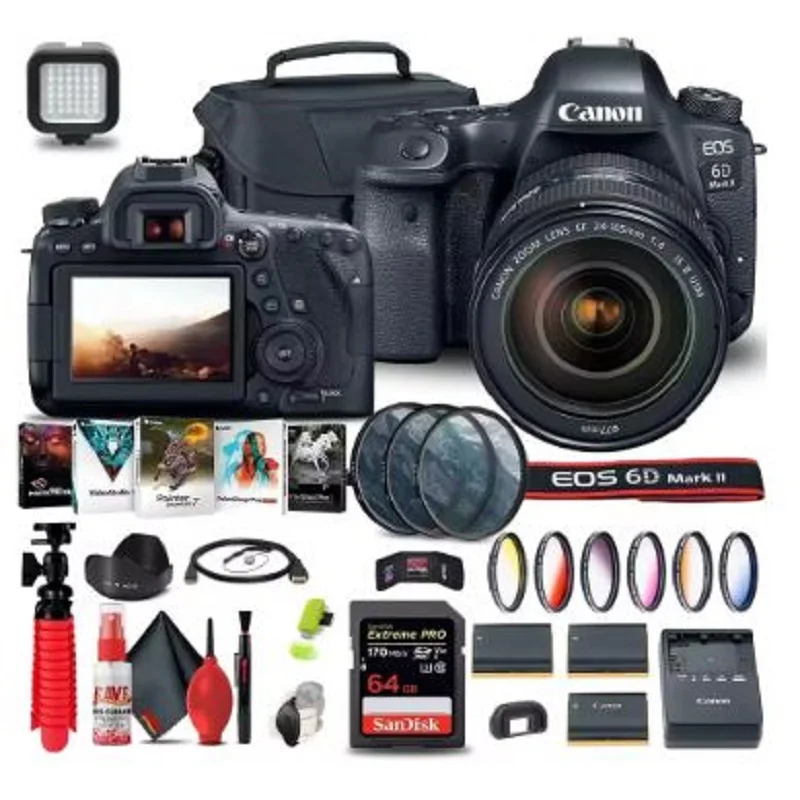 

СОВЕРШЕННО НОВАЯ DSLR-камера Canon EOS 6D Mark II с объективом 24-105 мм f/4L II, карта 64 ГБ + комплект цветных фильтров + чехол + комплект фильтров
