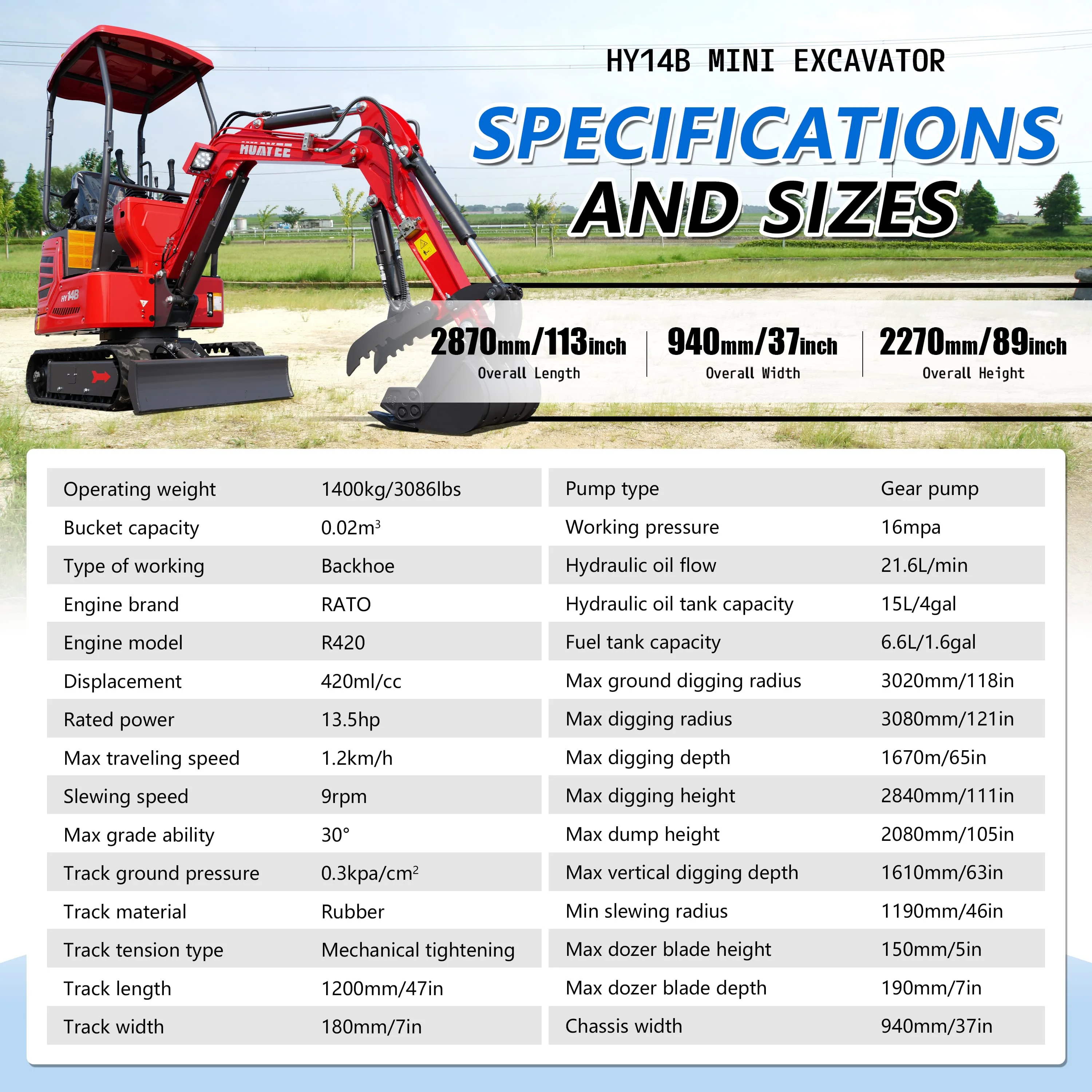 HUAYEE HY14B mini excavator is equipped with dual joysticks and hydraulic thumb clamps, suitable for gardens, parks, farms.