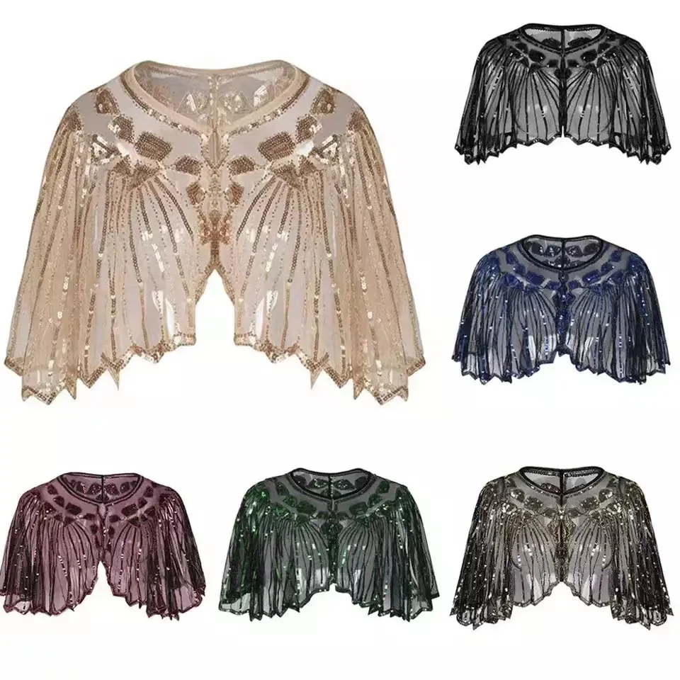 Châle à clapet Vintage des années 1920, Cape courte perlée à paillettes, décoration perlée, Gatsby, maille de fête, accessoire de robe courte