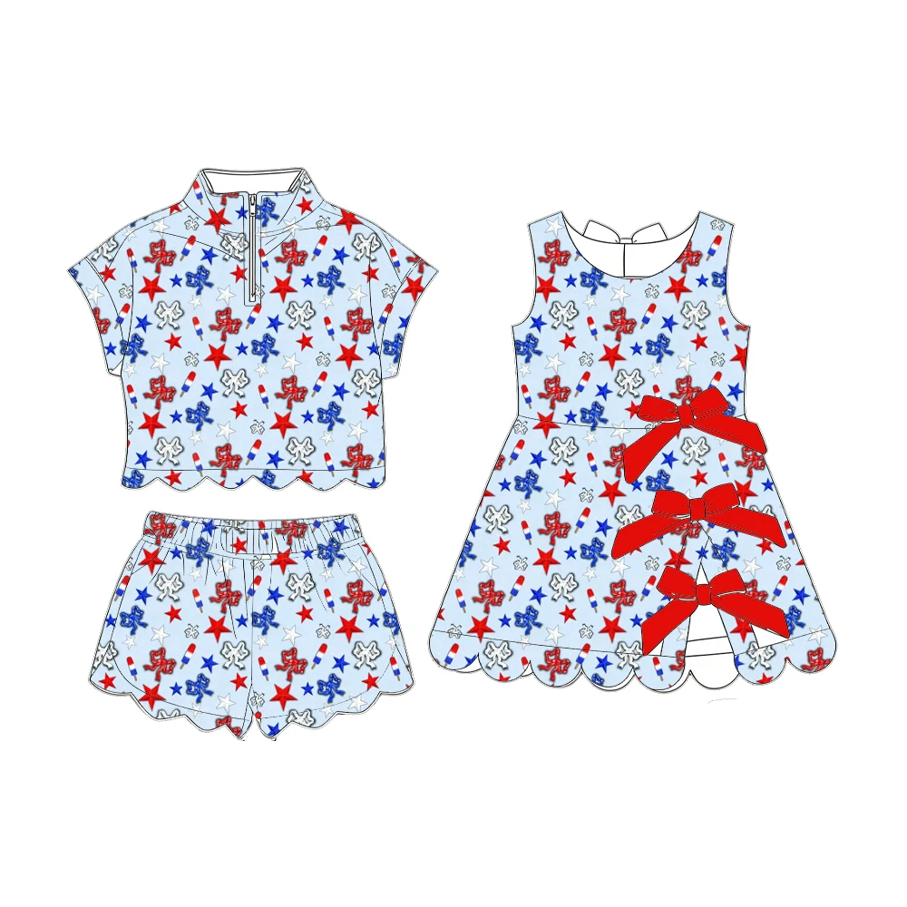 Boutique Children's Set Matching Sister Style Girls Two-Piece Set Bow Decoration July 4th Print Girl Dress and Set Custom