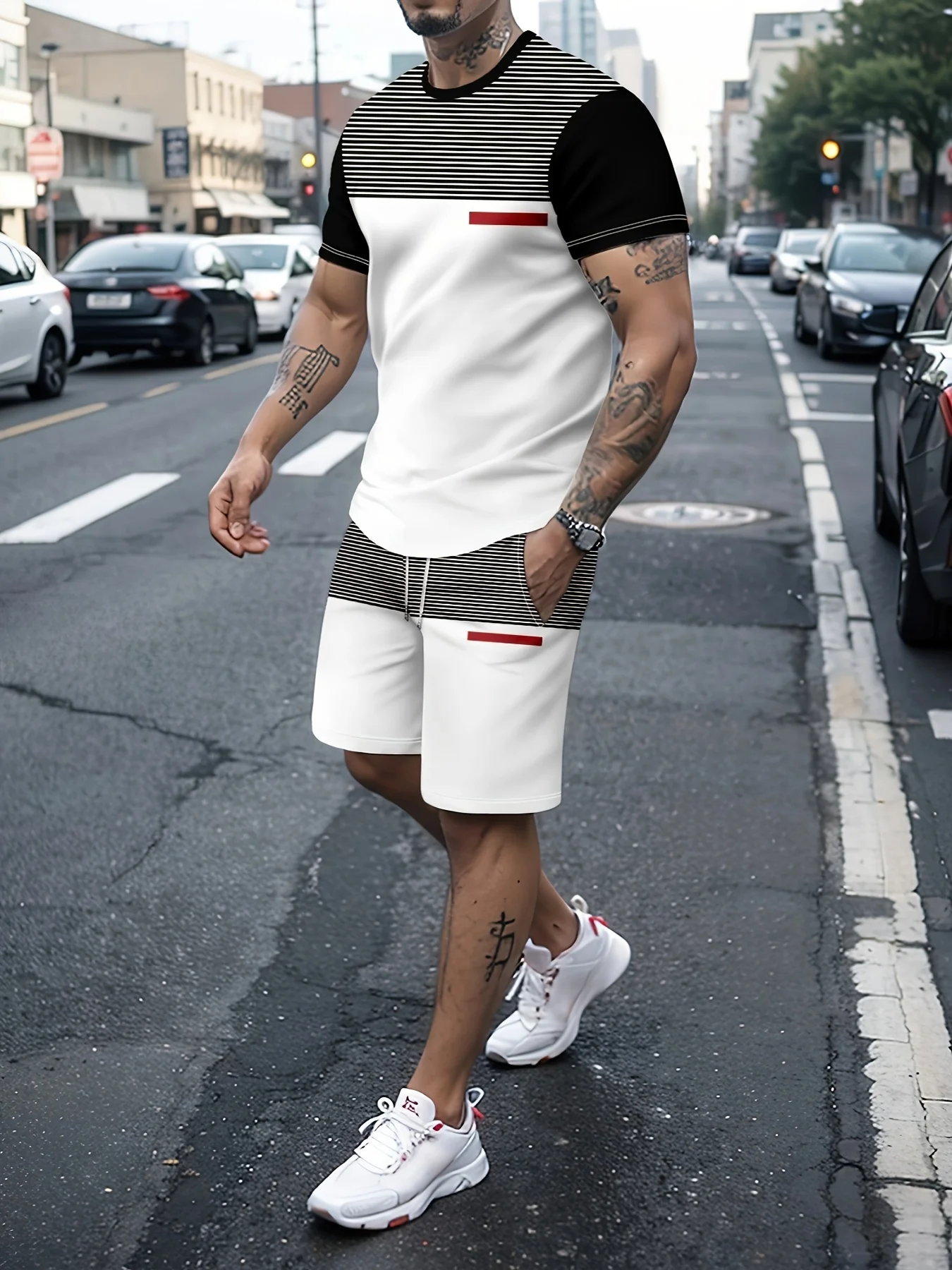 Fashion Stripe Printed Men T-shirt Set Male Casual Handsome Streetwear 2 Piece Set Clothes Fashion Casual Oversized Tracksuit