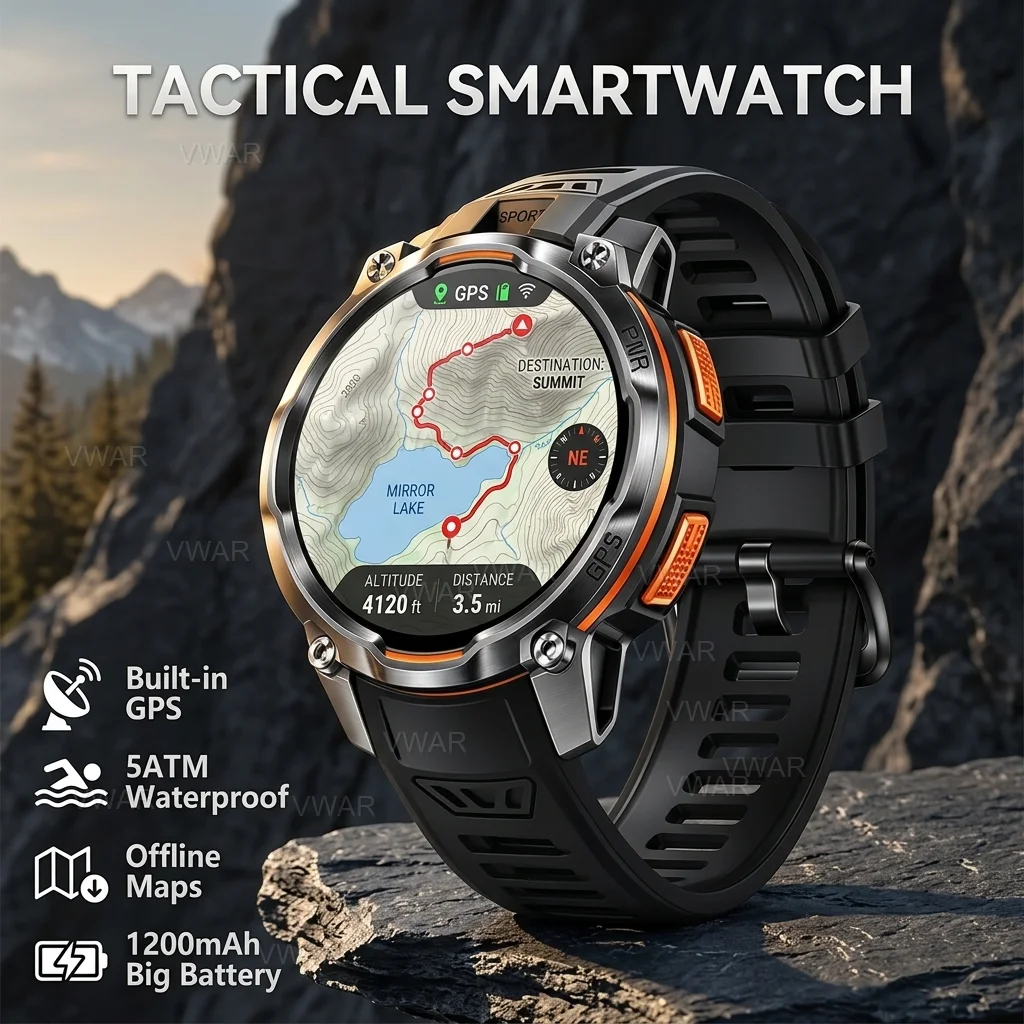 2026 New VWAR GPS SmartWatch Offline Maps Military Sports Smart Watch Men 50m Swimming Waterproof Altitude 1200mAh Big Battery