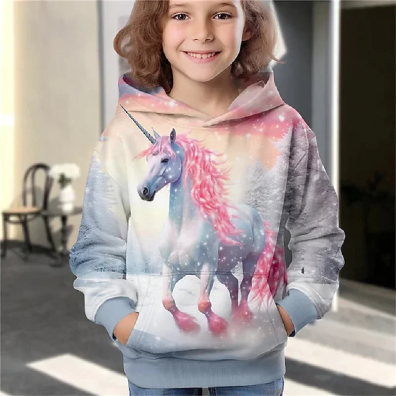 Girls 3D Unicorn Printed Hoodie Pullover Long Sleeve Spring Autumn Fashion Cute Kids Outdoor Casual Hooded Sweater