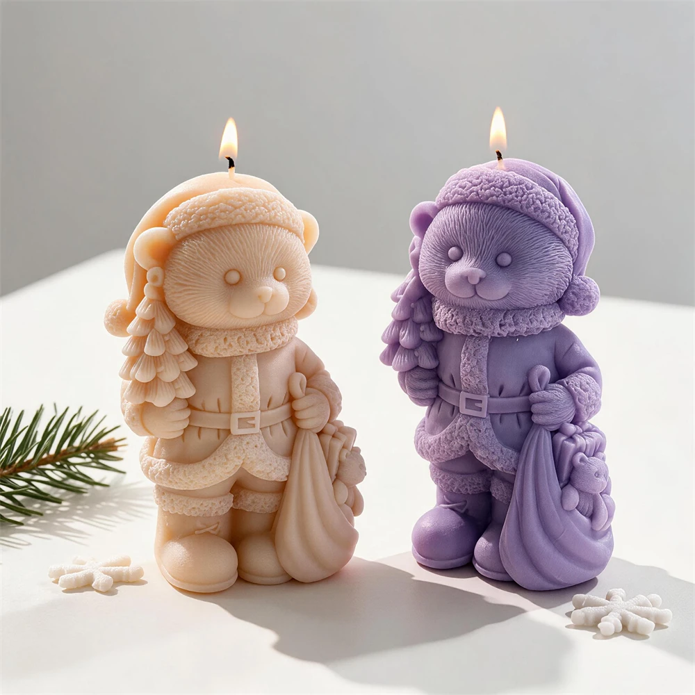 Moule en silicone pour bougie en forme d'ours de Noël tenant un cadeau, moule en silicone pour animaux de Noël en cire de soja, moule en silicone pour savon, résine, plâtre, gypse, béton