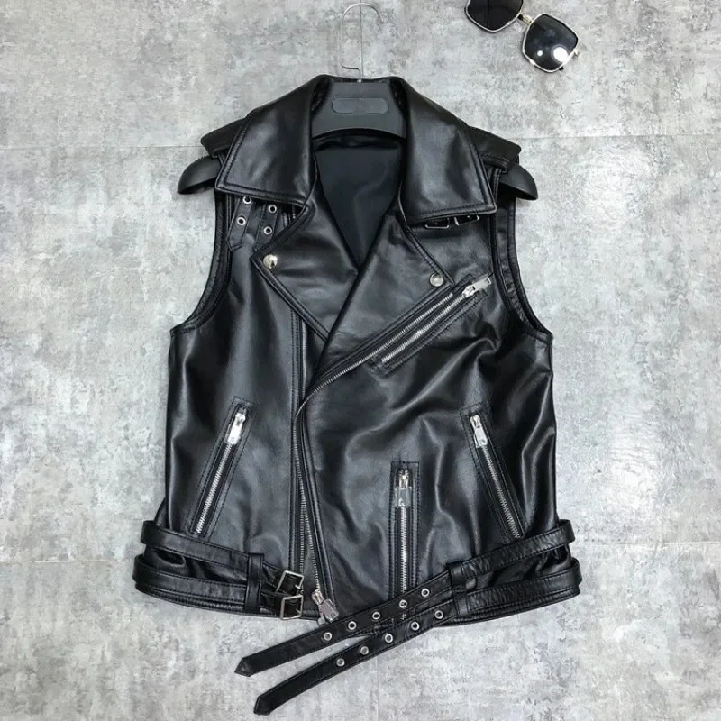 Luksusowa kamizelka motocyklowa z owczej skóry damska Street Zipper Punk kurtka bez rękawów styl OL 100% prawdziwa skóra luźna krótka kamizelka S-3XL — zdjęcie 2