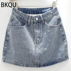 BKQU 2023 Nova Strass Denim Mini Saias Mulheres Moda Festa Clube Diamantes de Cintura Alta Saia Jean Y2K Estética Coreano Bottoms