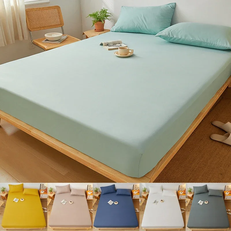 Bawełniane prześcieradło w jednolitym kolorze z gumką Antypoślizgowy regulowany pokrowiec na materac do podwójnego łóżka king-size 160x200 200x200cm — 2