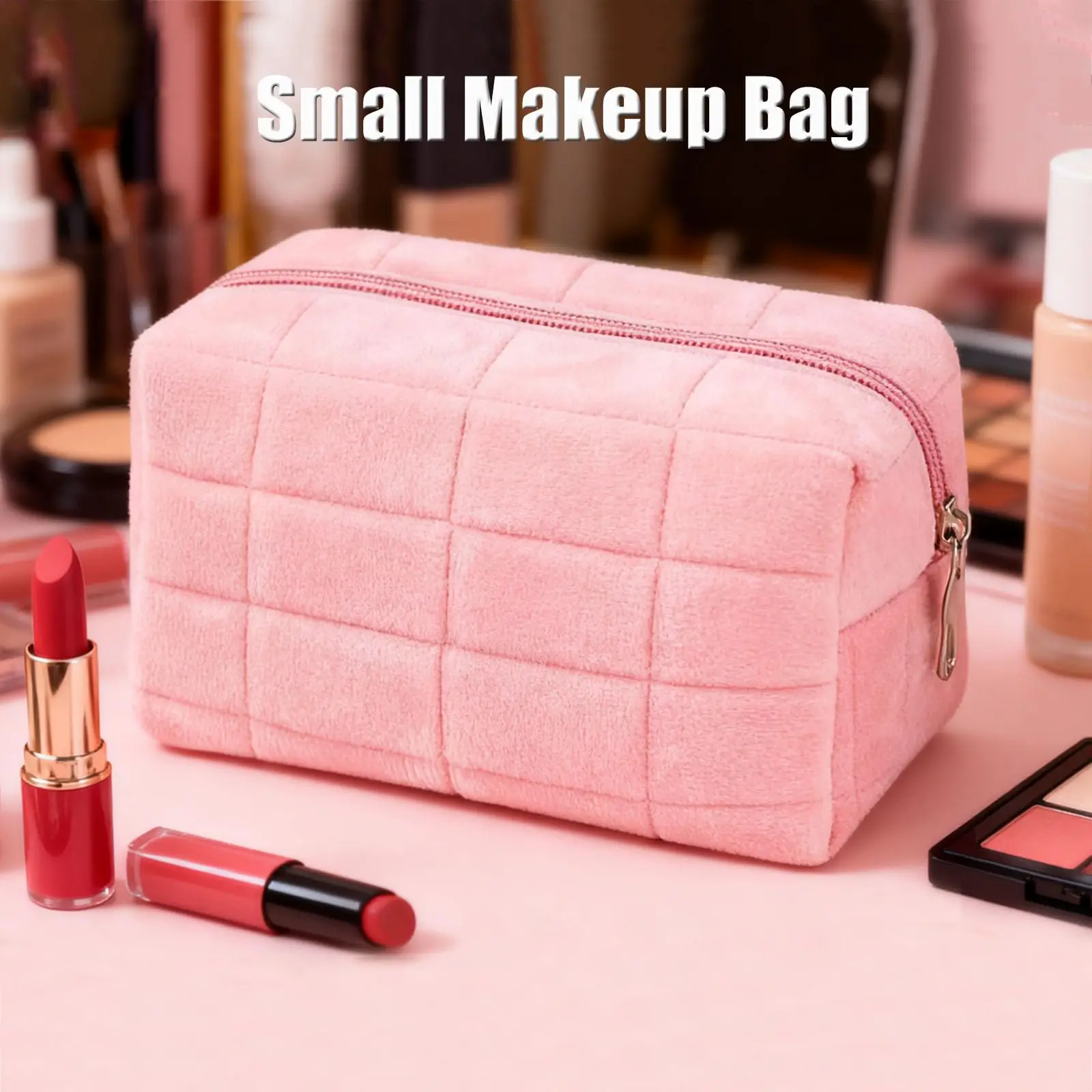 Luxury Fluffy Plush Travel Makeup Pouch Soft Quilted Cosmetic Bag for Women Girls Daily Skincare Organizer Top Rated 2026