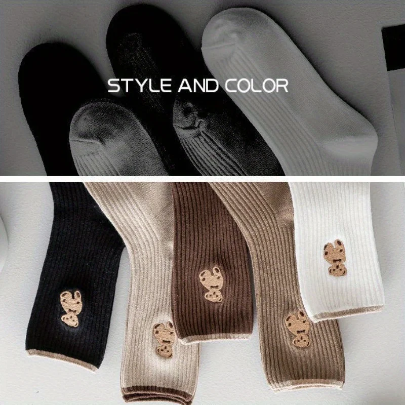 5/10 Par Damskich Skarpetek do Połowy Łydki - Uroczy Wzór Misia - 5 Kolorów (Czarny/Biały/Brązowy/Beżowy) - Miękki Poliester, Na Każdy Sezon, Codzienne