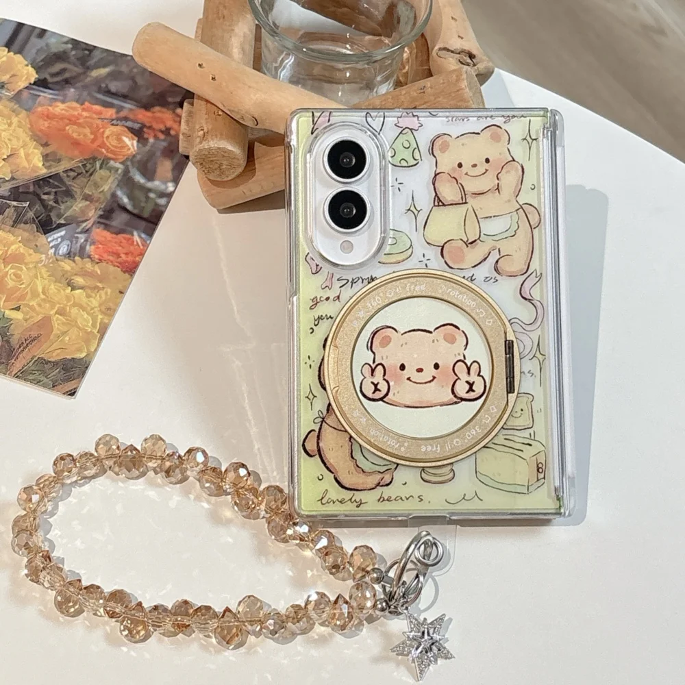 Kawaii Cartoon Bear Magnetic Phone Case Protective Cover for Samsung Galaxy Z Fold 8 with MagSafe Holder Cute Anti-Shatter Cases