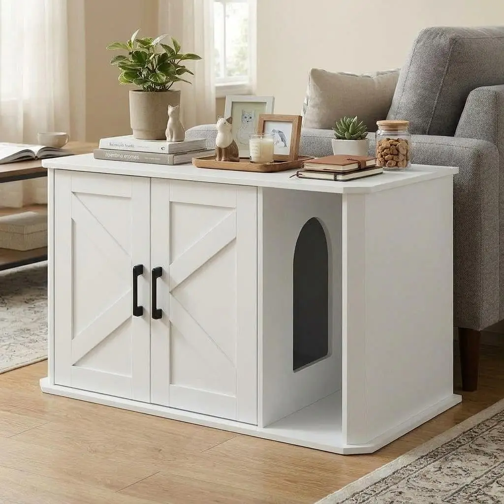 Modernes Katzenklo-Gehäuse aus Holz mit Doppeltüren – Großer, versteckter Katzenschrank – Seiteneingang, Geruchskontrolle, multifunktionales Katzenmöbelstück, leicht zu reinigen, robust