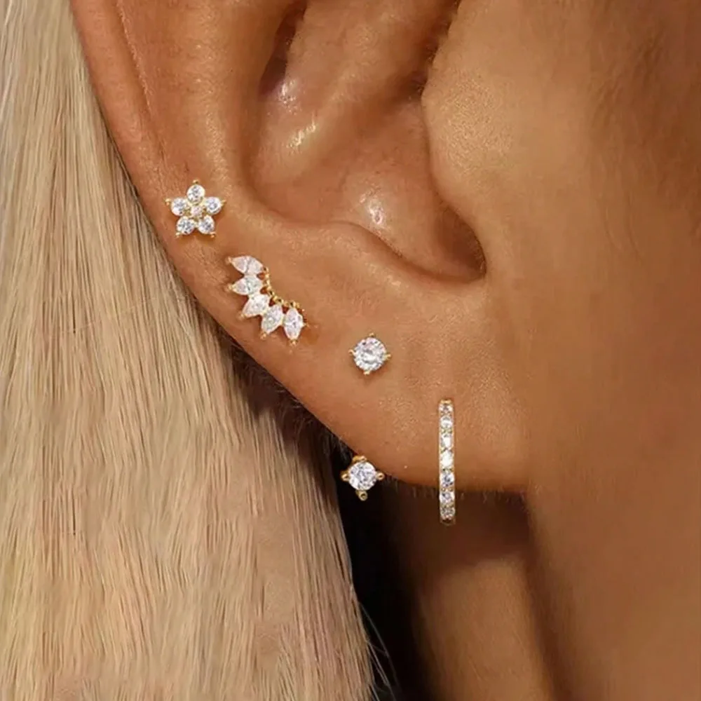 4 Pcs Simple Huggie Hoop Jacket Stud Earrings Set for Women, Gold Color Unique Zircon Flower Stud Earring Piercing Jewelry
